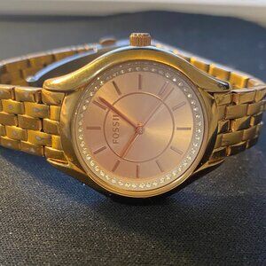 Women's Fossil Gold-Tone Watch - Rose Face - Crystal Accents - NEW Battery